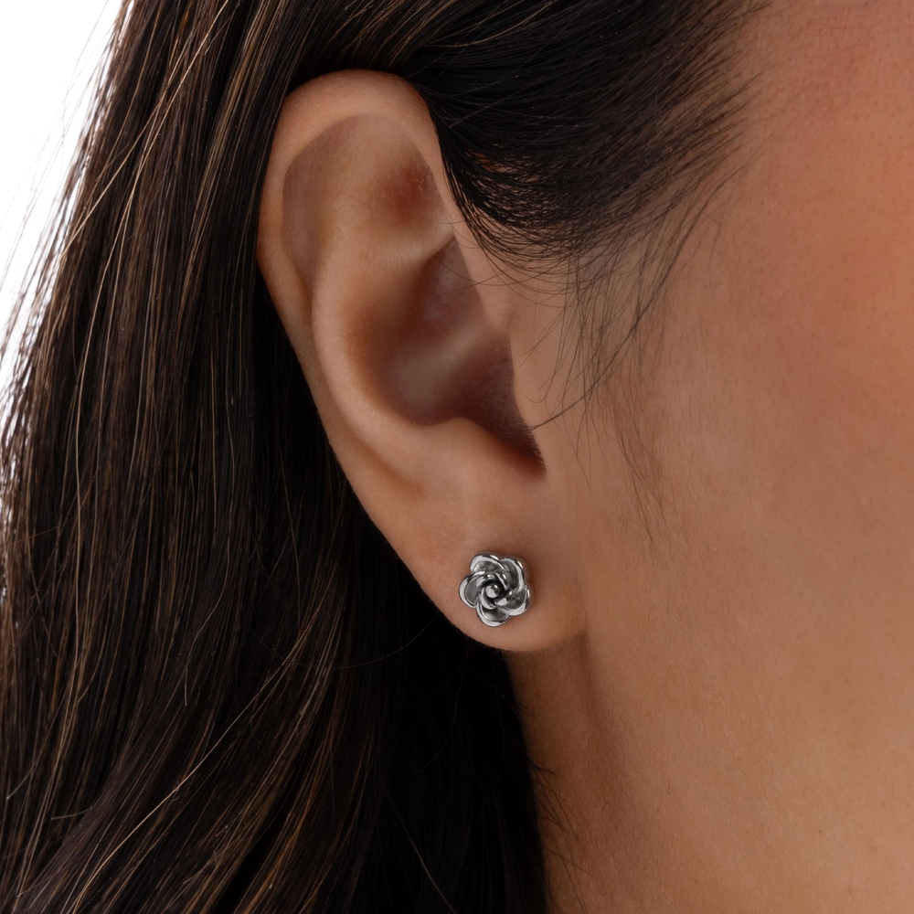 Elegant Silver Stainless Steel Rose Stud Earrings